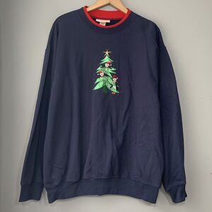 Holiday Christmas Tree Sweatshirt Size Large Navy Embellished Grandma Penguin